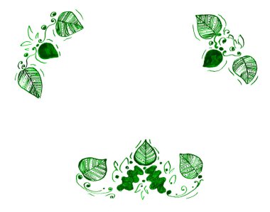 Çerçeve yaprakları Çerçeve üç parçadan oluşur. Yaprak grupları sağ üstte, sol köşelerde ve orta altta. Beyaz arkaplan ve kopyalama alanı. Yapraklar dekor, süs ya da dolgu ile dolu. Yeşil.