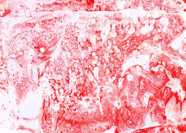 Soyut doku arkaplanı. Çeşitli kaotik noktalar, dokular, noktalar. Mermer efektler. Kırmızının, pembenin, beyazın farklı tonlarında. Bazen mavi noktalar. Renkler birbirini karıştırır.