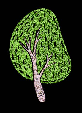 Siyah arkaplanda izole edilmiş resimli dekoratif ağaç. Sarmallardan, noktalardan ve kısa siyah çizgilerden oluşan yeşil dekoratif elementlerle dolu bir taç. Bagaj beyaz, pembe, şeftali rengi noktalar..