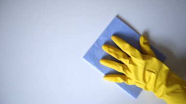 Temizlik işlemi fotoğrafı. Selüloz süngerle yüzeyi silen lastik bir eldiven verin. Sarı eldiven, mavi lavanta süngeri. Beyaz yüzey. Uzayı kopyala Arka planın sağ tarafına yerleştirilmiş..