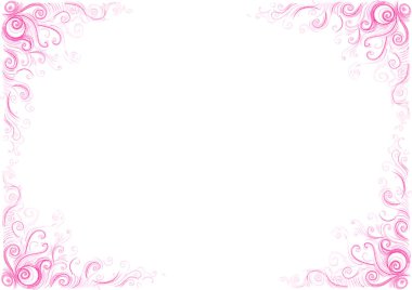 Çerçeve. Sol ve sağ tarafta kıvırcık ve ince çizgilerden oluşan desenler var. Açık pembenin farklı tonları. Renkli kalemlerle çizim yapmak. Beyaz kopya alanı. Zarif ve narin.