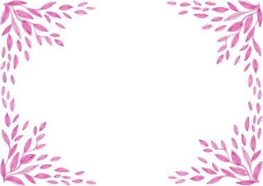 Çerçeve. Sol ve sağ taraflarda farklı boyutlarda yapraklardan oluşan desenler var. Pembe renk, fuşya. Renkli kalemlerle çizim yapmak. Beyaz kopya alanı. Davet, kartpostal, sertifika.