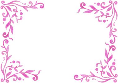 Çerçeve. Sol ve sağ tarafta kıvrımlar, yapraklar ve dairelerden oluşan desenler var. Pembenin farklı tonları. Gradyan. Renkli kalemlerle çizim yapmak. Beyaz kopya alanı. Davetiye, kartpostal.