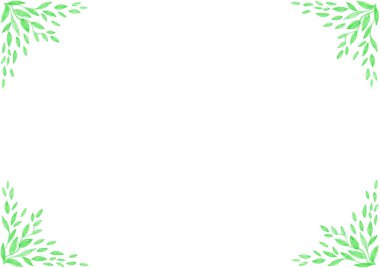 Çerçeve. Arka planın her köşesinde farklı boyutlarda yapraklardan oluşan küçük desenler var. Yeşil renk. Renkli kalemlerle çizim yapmak. Beyaz kopya alanı. Davet, kartpostal, sertifika