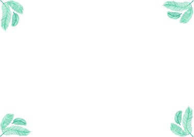 Yatay çerçeve. Her köşede küçük desenler var. Farklı boyutlarda stilize edilmiş tüyler. Yeşil nane rengi. İnce çizgilerle çiziyor. Karalama. Beyaz kopya alanı. Mürekkep ve kalemle çizim.