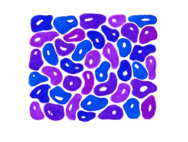Düz olmayan yuvarlak şekilli lekeler. Su damlaları. Mavinin farklı tonlarında, mor. Dikdörtgen oluşturun. Beyaz arka planda izole edilmiş. Her şeklin beyaz renkleri var. Keçeli kalemle çizim.