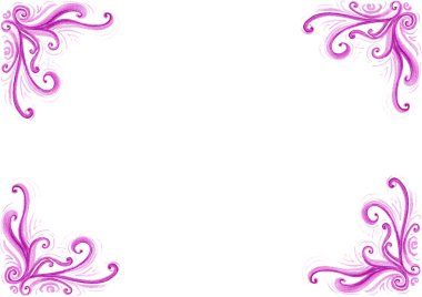 Her köşede dekoratif desenler var. Kalıplar çeşitli buklelerden ve çizgilerden oluşur. Renkli kalemlerle çizim yapmak. Pembe rengin farklı tonları. Beyaz kopya alanı. Davet, kartpostal, sertifika