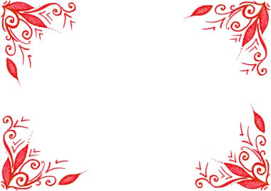 Yatay çerçeve. Süslü, yapraklı, yapraklı, çatalsız ve çatalsız süsler. Kırmızının farklı tonları. Beyaz kopya alanı. Davetiye, kartpostal, sertifika. Zarif ve narin.