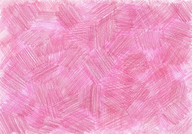 Renkli kalemlerle çizilmiş desenlerle dolu bir arkaplan. Farklı pembe renkler. Kaotik vuruşlar. Arkaplan inmelerle dolu. Bazen daha doygun, bazen beyaz alan görüyor.