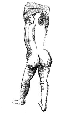 Arkadan çıplak kadın figürü çizimi. Şekillendirme. Kıvrımlı siyah çizgiler karalama dokusu oluşturuyor. Felç. Kadının elleri başının üstüne bağlanmış durumda. Beyaz arka planda izole edilmiş. Modern sanat.