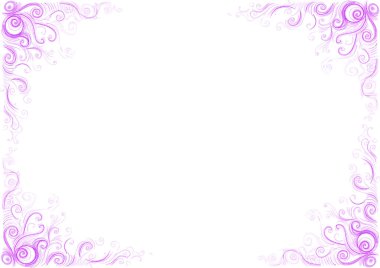 Çerçeve. Sol ve sağ tarafta kıvırcık ve ince çizgilerden oluşan desenler var. Açık morun farklı tonları. Renkli kalemlerle çizim yapmak. Beyaz kopya alanı. Zarif ve narin