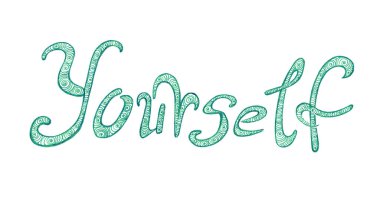 Kelimeyi kendin karalıyorsun. Turkuaz. Beyaz arka planda izole edilmiş. El yazısı, yuvarlak harfler. Karanlık çizgilerin ana hatları. Sarmal doğrusal desenlerle dolu, ince çizgileri olan yarı daireler..