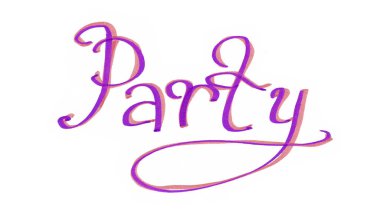 Parti sözcüğü. İtalyanca yazı tipi. Mor renk ve şeftali rengi alt tabaka. Farklı tonlar. Beyaz bir arka planda izole edilmiş. İşaretli bir yazı. Farklı renklerin üstüste konması.