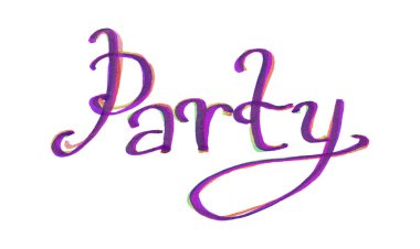 Parti sözcüğü. İtalyanca yazı tipi. Alttaki katmandaki farklı mor ve farklı renkler katman katman renkler tarafından oluşturulmuştur. Beyaz bir arka planda izole edilmiş. İşaretli bir yazı.