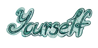 Kelimeyi kendin karalıyorsun. Turkuaz yeşil renk. Beyaz arka plan. El yazısı yazı tipi. Contour, içerideki harfler farklı yönlerdeki darbelerle doludur. Dışarıda darbeler, dış hatlar var..