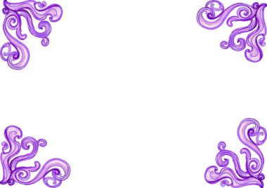 Çerçeve. Arka planın her köşesinde kıvrımlardan ve yuvarlak şekillerden oluşan desenler var. Mor ve pembenin farklı tonları. Renkli kalemler ve kalemlerle çiziyor. Beyaz kopyalama alanı.