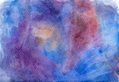 Suluboya soyut arkaplan. Mavinin, morun, kahverenginin farklı tonlarında. Noktalar kaotik bir şekilde arka plana yerleştiriliyor. Birbirinize karışın, yeni renkler ve gölgeler oluşturun. Suluboya kağıdın dokusu.