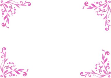 Çerçeve. Arka planın her köşesinde kıvrımlar, yapraklar, daireler var. Pembenin farklı tonları. Gradyan. Renkli kalemlerle çizim yapmak. Beyaz kopya alanı. Davetiye, kart.