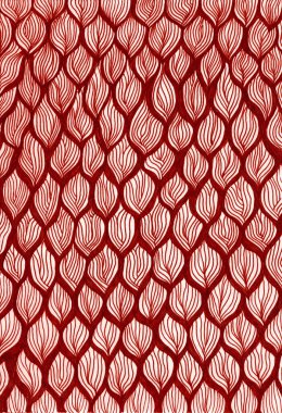 Sıçrama bitkilerinin dokusundan bir desen. Kırmızı çizgilerin soyut arkaplanı pullar gibi eğri üçgenlere katlandı. Beyaz arka plan. Farklı kalınlıkta çizgiler.