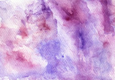 Suluboya soyut arkaplan. Farklı renklerde, mavi, mor, pembe, beyaz. Kaotik noktalar, renkler yeni renkler ve gölgeler oluşturmak için karışıyor. Suluboya kağıdın dokusu. Açık ve koyu noktalar.