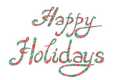 İyi tatiller karalama mektupları. Beyaz arka planda izole edilmiş. İtalyanca yazı tipi. Siyah ince bir taslak. İçinde, harfler kırmızı ve yeşil renklerin farklı süslemeleriyle dolu. Noel, Yeni Yıl.