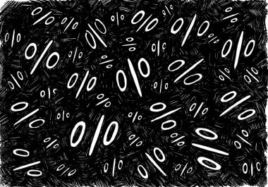 Düzensiz dağılmış yüzde sembollü soyut bir arkaplan. Yoğun siyah kuluçkaya yatma dokulu bir zemin oluştururken, beyaz, el çizimi semboller oluşturur. İndirim ve satış temaları için mükemmel.