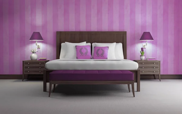 Purple chic luxury bedroom 3d render purple wallpaper front view