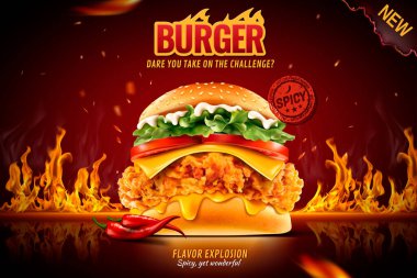 3D resimde yanan yangın ile sıcak soğuk hamburger reklamları