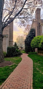 Baharda gün batımında Georgetown Hazırlık Akademisi yakınlarında Bethesda Tramvay Yolu 'ndaki evler arasında bir patika..