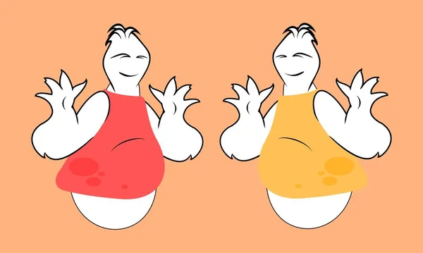 İki çizgi film karakteri. Selamlar. Gülümseyen hayaletler. Nazik hayaletler Tişörtlü mutlu çizgi film karakterleri. El sallayan ve gülümseyen sevimli çizgi film karakterleri..