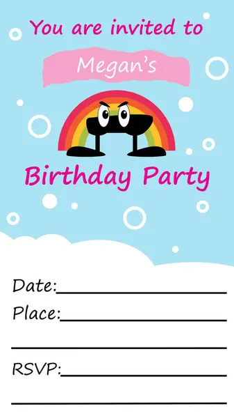 Doğum günü partisi davetiye şablonu. Kızın doğum günü için. Düzenlenebilir metin