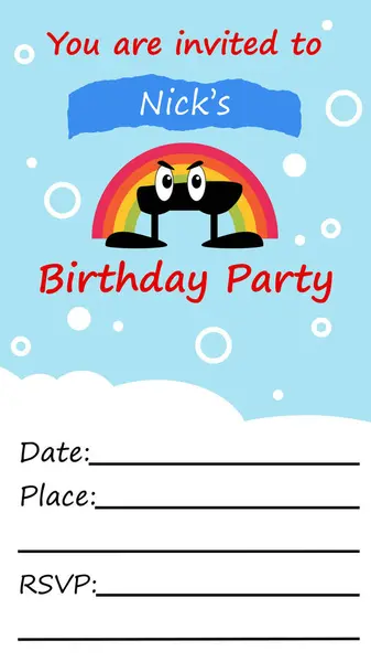 Doğum günü partisi davetiye şablonu. Oğlanın doğum günü için. Düzenlenebilir metin