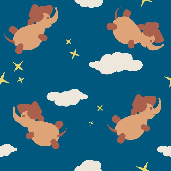 Mavi zemin üzerinde filler ve bulutlar olan kusursuz bir tekrarlama şekli. Çocuk kumaşı için şirin fil deseni. Vektör