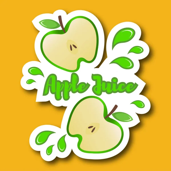Yeşil elmalı ve meyve suyu damlacıklı çıkartma. Üstünde elma suyu yazan bir etiket..