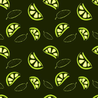 Koyu arkaplanda yaprakları olan kusursuz kireç deseni. Turunçgil ile sonsuz desen. Limon dilimleriyle tekrarlanan desen.