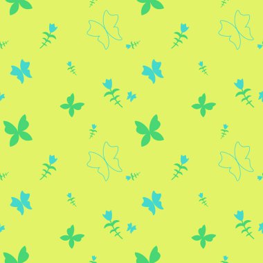 Kelebek deseni. Sarı arka planda kelebek ve çiçekli kusursuz desen. Yazdırma için yaz deseni