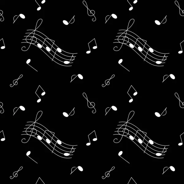 Kusursuz müzik düzeni. Siyah arkaplandaki notlarla tekrarlanan şablon. Müzik temalı yazdırılabilir desen