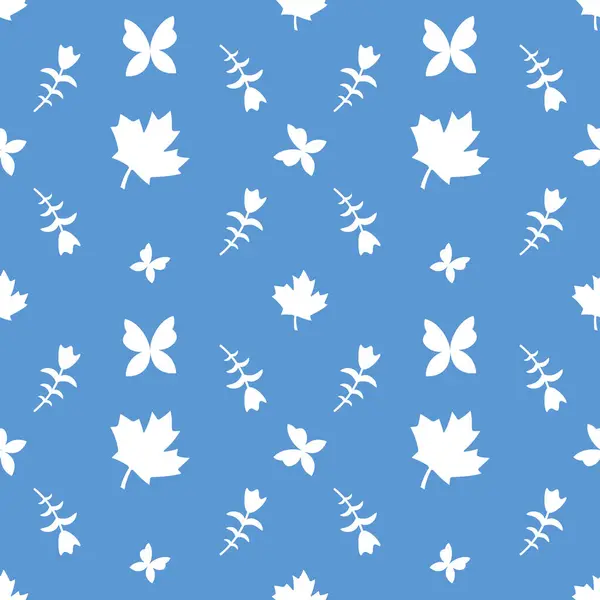 Kelebek deseni. Mavi arka planda akçaağaç yaprağı, kelebek ve çiçekli kusursuz desen. Yazdırma deseni