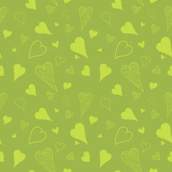 Kusursuz desenli, elle çizilmiş kalpler. Yeşil arkaplan üzerinde kalpler olan sonsuz desen. Yazdırma için tekrar deseni