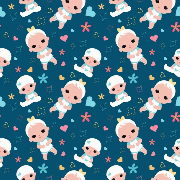 Bebek deseni. Bebek, kalp, yıldızlar ve çiçeklerle kusursuz bir düzen. Yazdırma için çocuk deseni