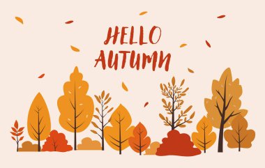 Merhaba Autumn. Sonbahar yatay arka planı, yapraklar ve farklı şekillerde sonbahar ağaçları. Soyut ağaçlar ve kopyalama alanı