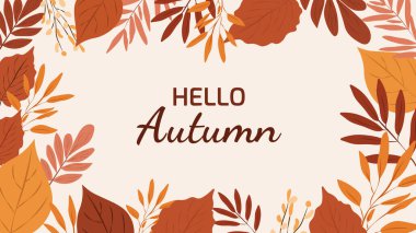 Merhaba Autumn. Farklı şekillerde yaprakları olan sonbahar yatay arkaplanı ve kopyalama alanı