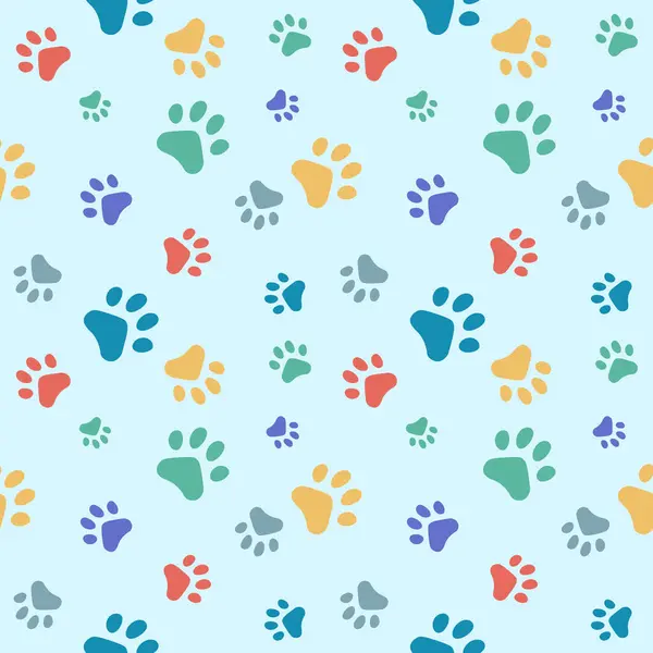 Kedi pençesi izi olan kusursuz bir desen. Pençeli uçsuz bucaksız desen. Mavi arka planda çok renkli patiler. Tekstil, ambalaj kağıdı, vb..