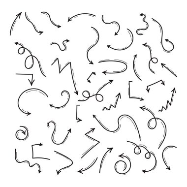 Bir çift ok. El çizilmiş oklar. Farklı yönlerden siyah ok koleksiyonu