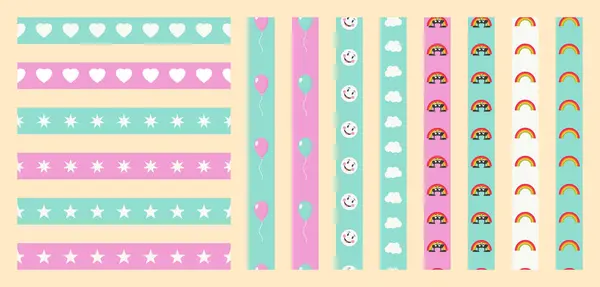 Yürekli, yıldızlı, balonlu, bulutlu ve gökkuşaklı renksiz dekoratif kurdeleler.