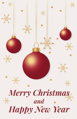 Mutlu Noeller ve mutlu yıllar tebrik kartı. Kar taneleri ve Noel baloları olan kış tatili kartı.