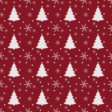 Noel ağaçları ve kar taneleriyle kusursuz bir Noel deseni. Kırmızı arka planda bitmek bilmeyen Noel şablonu. Beyaz kar taneleri ve bir Noel ağacı ile tekrarlanan desen