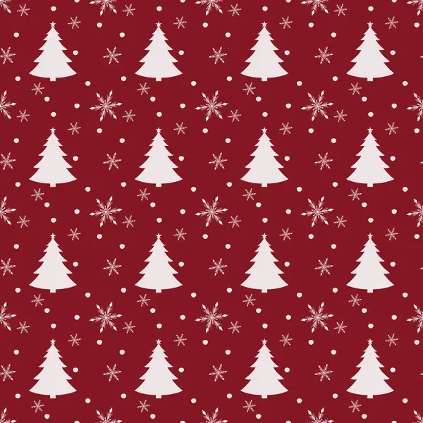 Noel ağaçları ve kar taneleriyle kusursuz bir Noel deseni. Kırmızı arka planda bitmek bilmeyen Noel şablonu. Beyaz kar taneleri ve bir Noel ağacı ile tekrarlanan desen