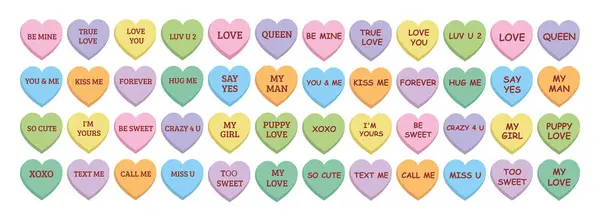 Tatlı kalp şekeri. Sohbet tatlıları. Sevgililer Günü 'nde farklı bir deyimle renkli sohbet kalpleri. Tatlı şekerler. Tatlı kalp şekeri beyaz arka planda izole edilmiş