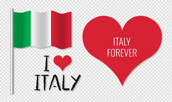 İtalyan Bayrağı. İtalya 'yı seviyorum. Sonsuza dek İtalya. Vektör Elementleri Kümesi